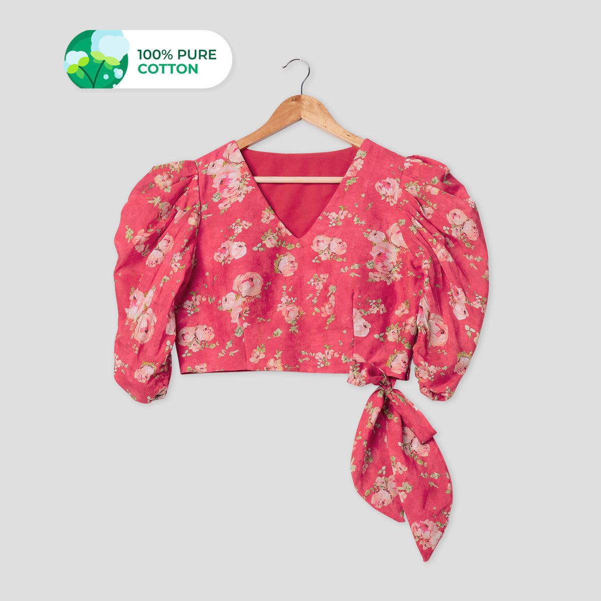 Deep Pink Floral V-Neck Puff Sleeve Pure Cotton Blouse