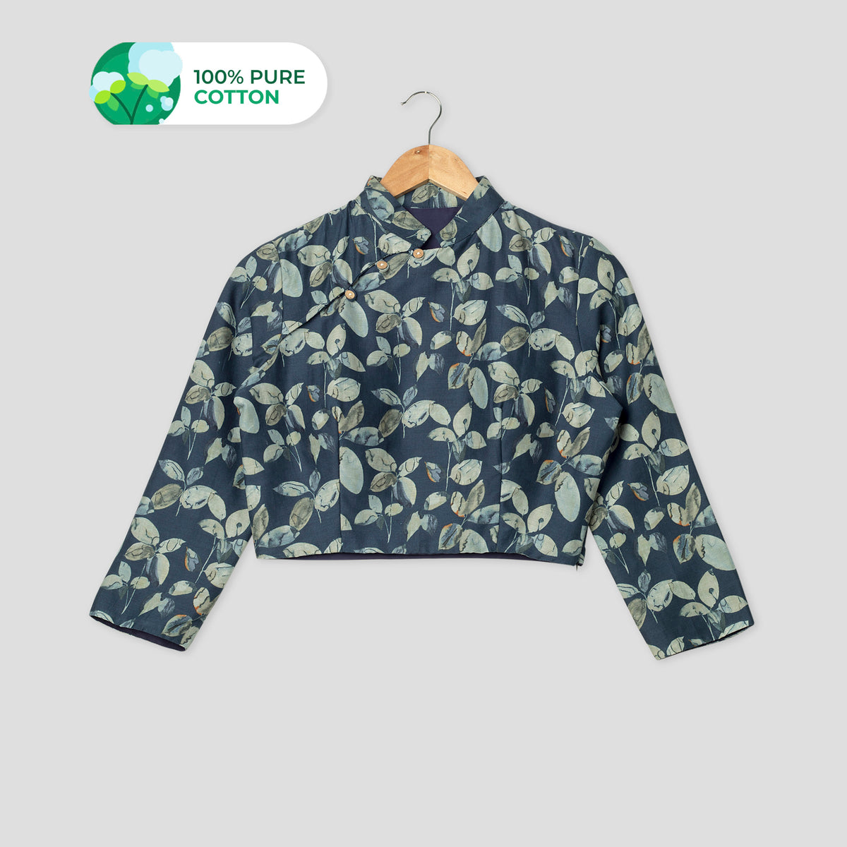 Navy Blue Lead Mandarian Collar Pure Cotton Blouse