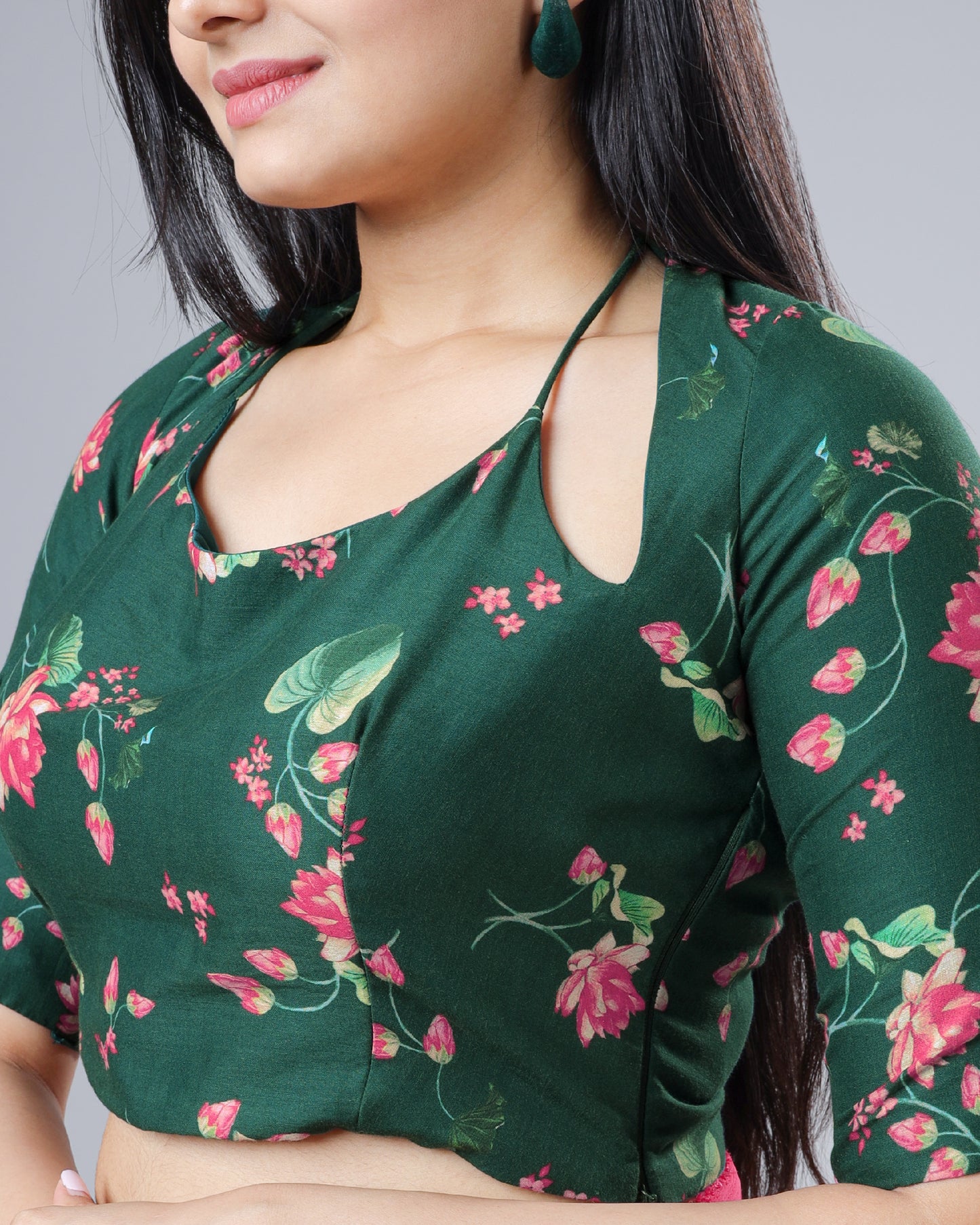 Green Rose Floral Tie-Up Neck Pure Cotton Blouse