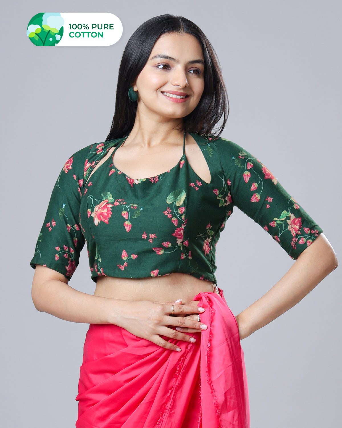 Green Rose Floral Tie-Up Neck Pure Cotton Blouse