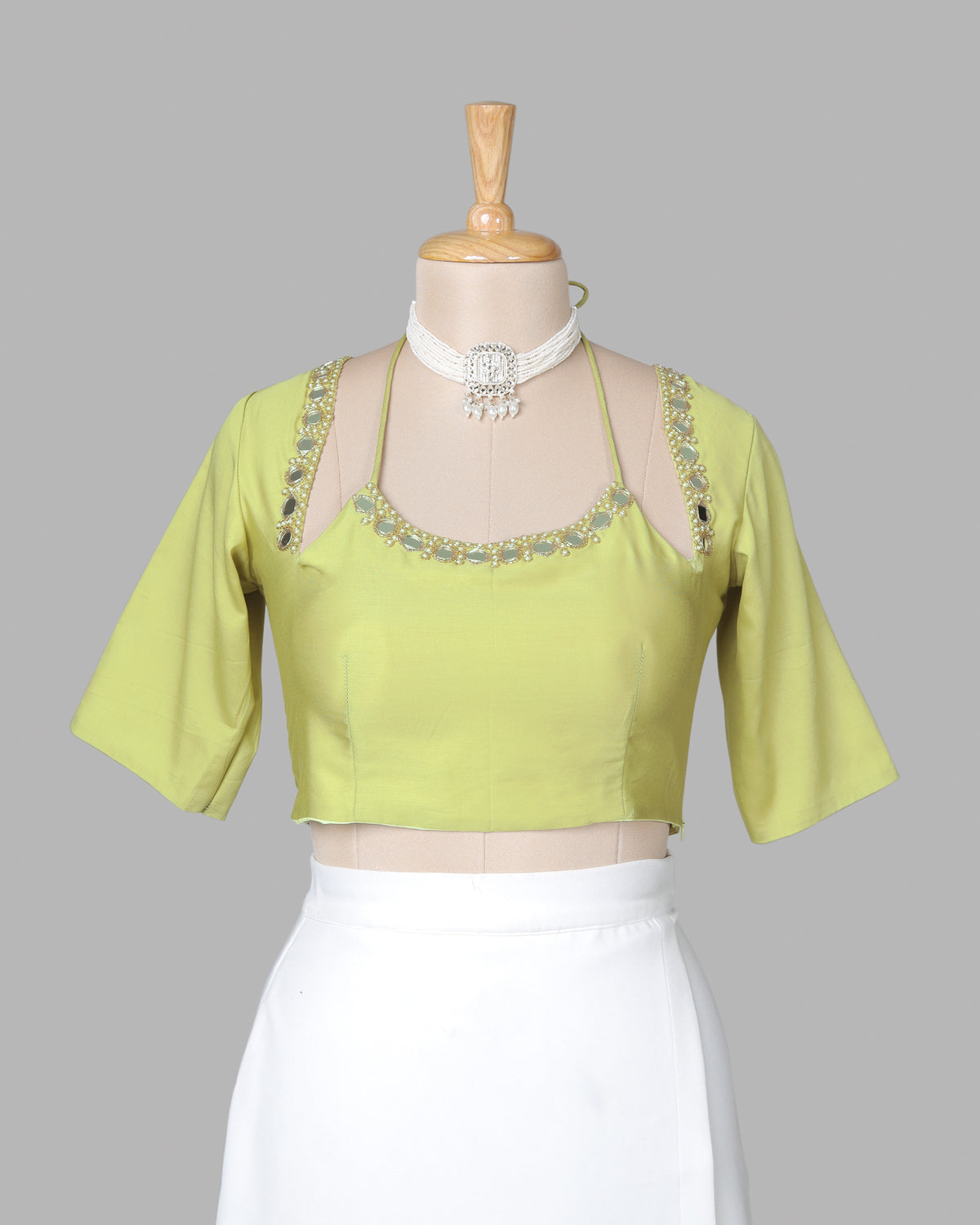 Premium Mirror Hand Work Moss Green Cotton Blouse
