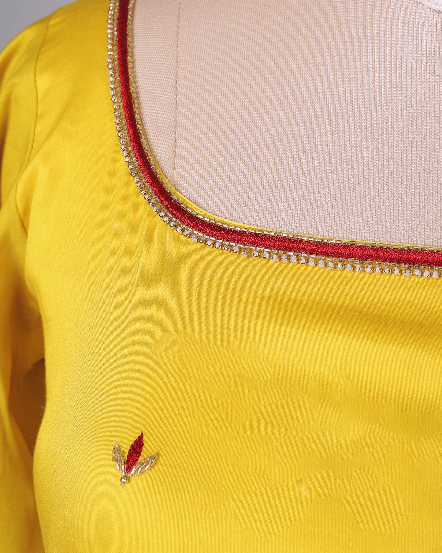 Premium Pearl And Motif Hand Work Yellow Cotton Blouse