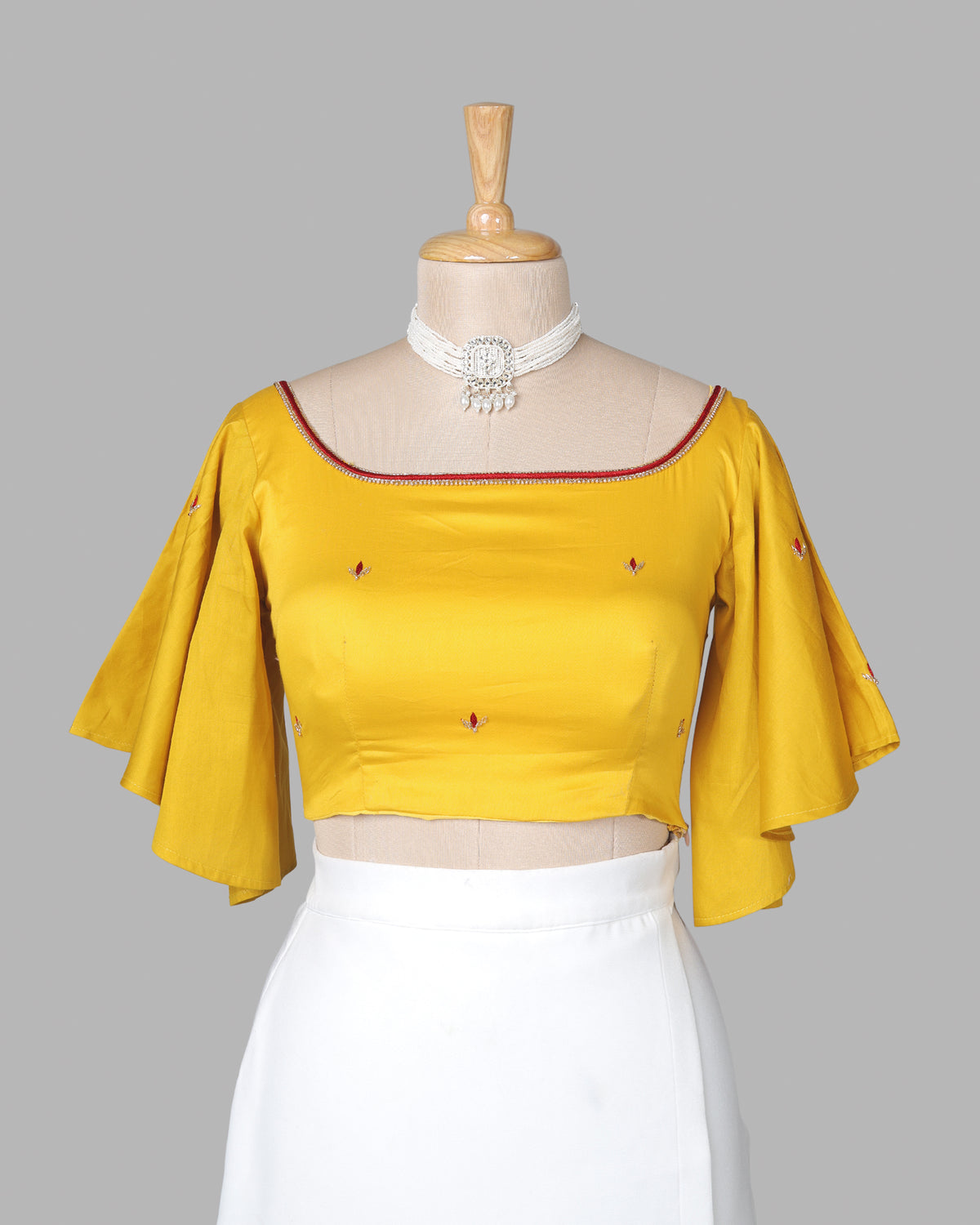 Premium Pearl And Motif Hand Work Yellow Cotton Blouse