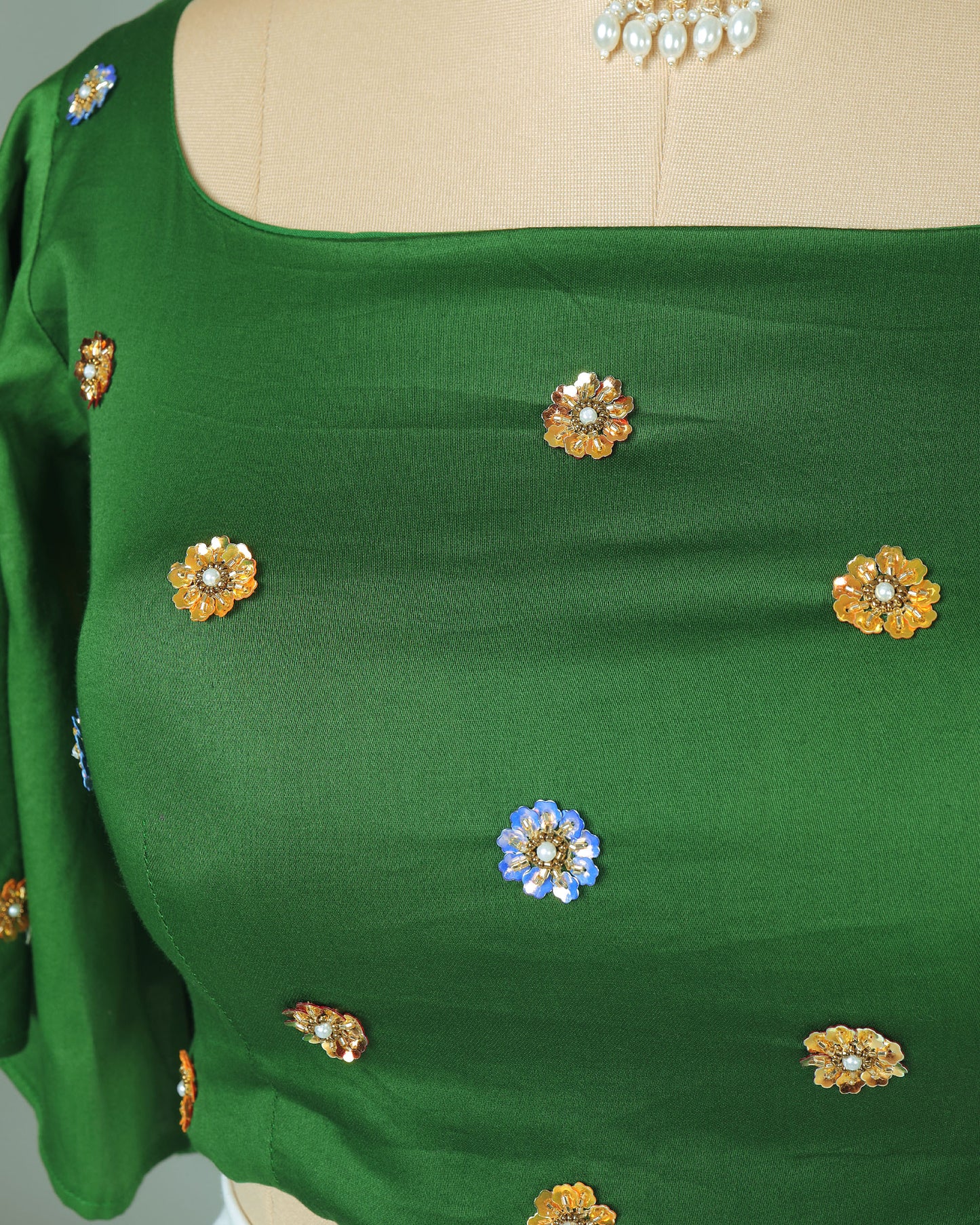 Premium Floral Sequins Hand Work Green Cotton Blouse