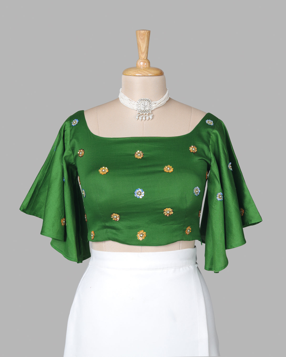 Premium Floral Sequins Hand Work Green Cotton Blouse