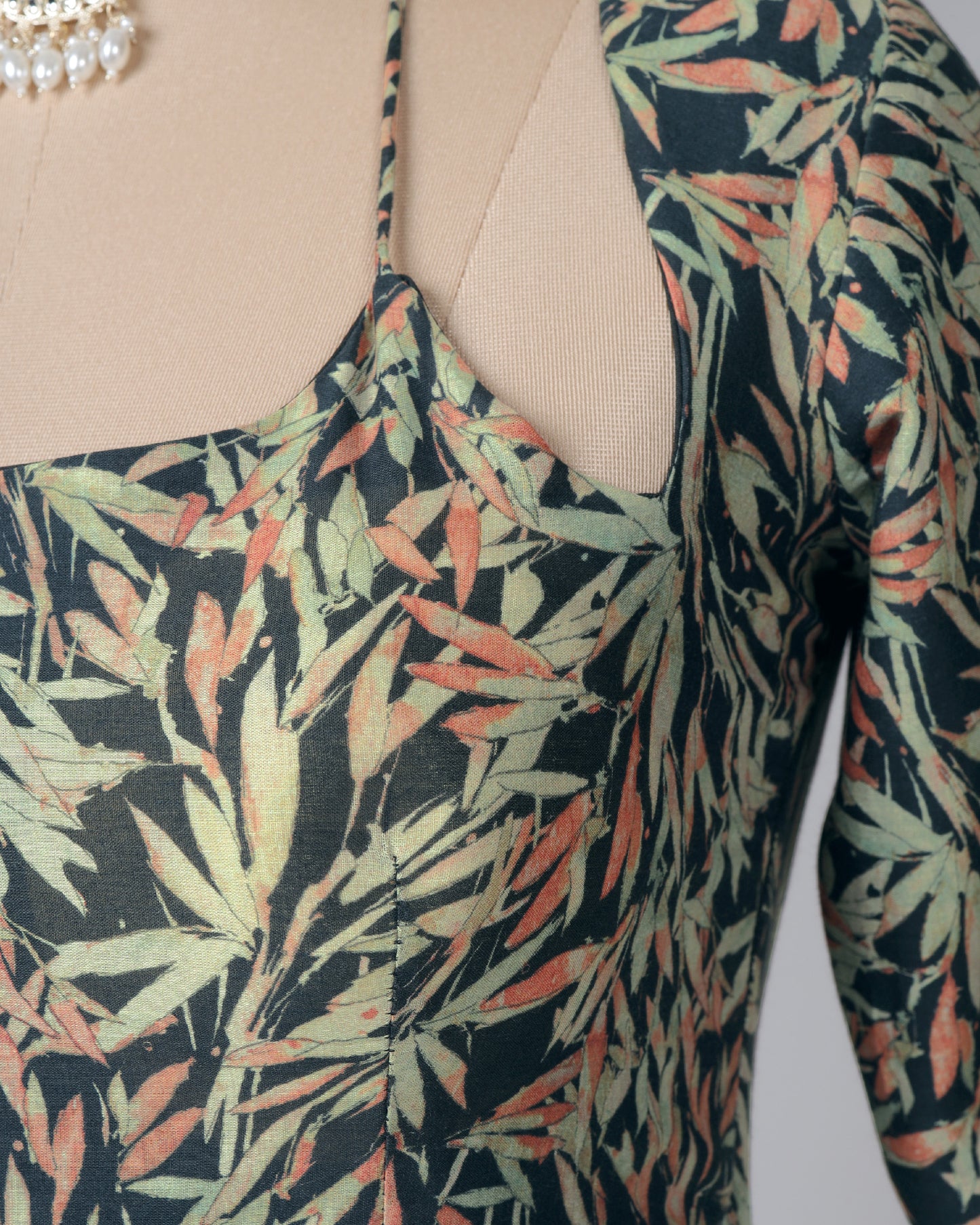 Black And Tea Green Leaf Tie Up Neck Cotton Blouse