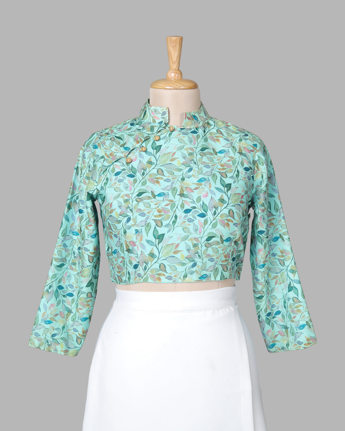 Mint Green And Pink Leaf Mandarin Collar Cotton Blouse