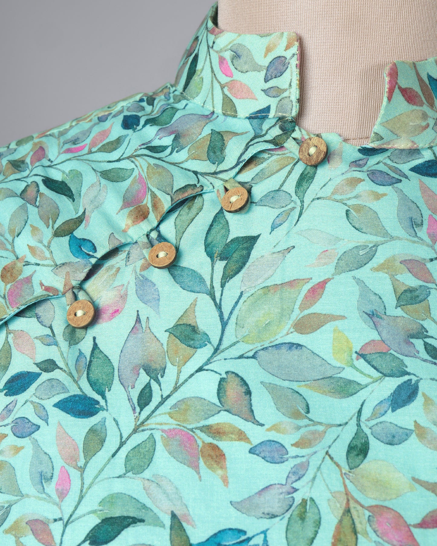 Mint Green And Pink Leaf Mandarin Collar Cotton Blouse