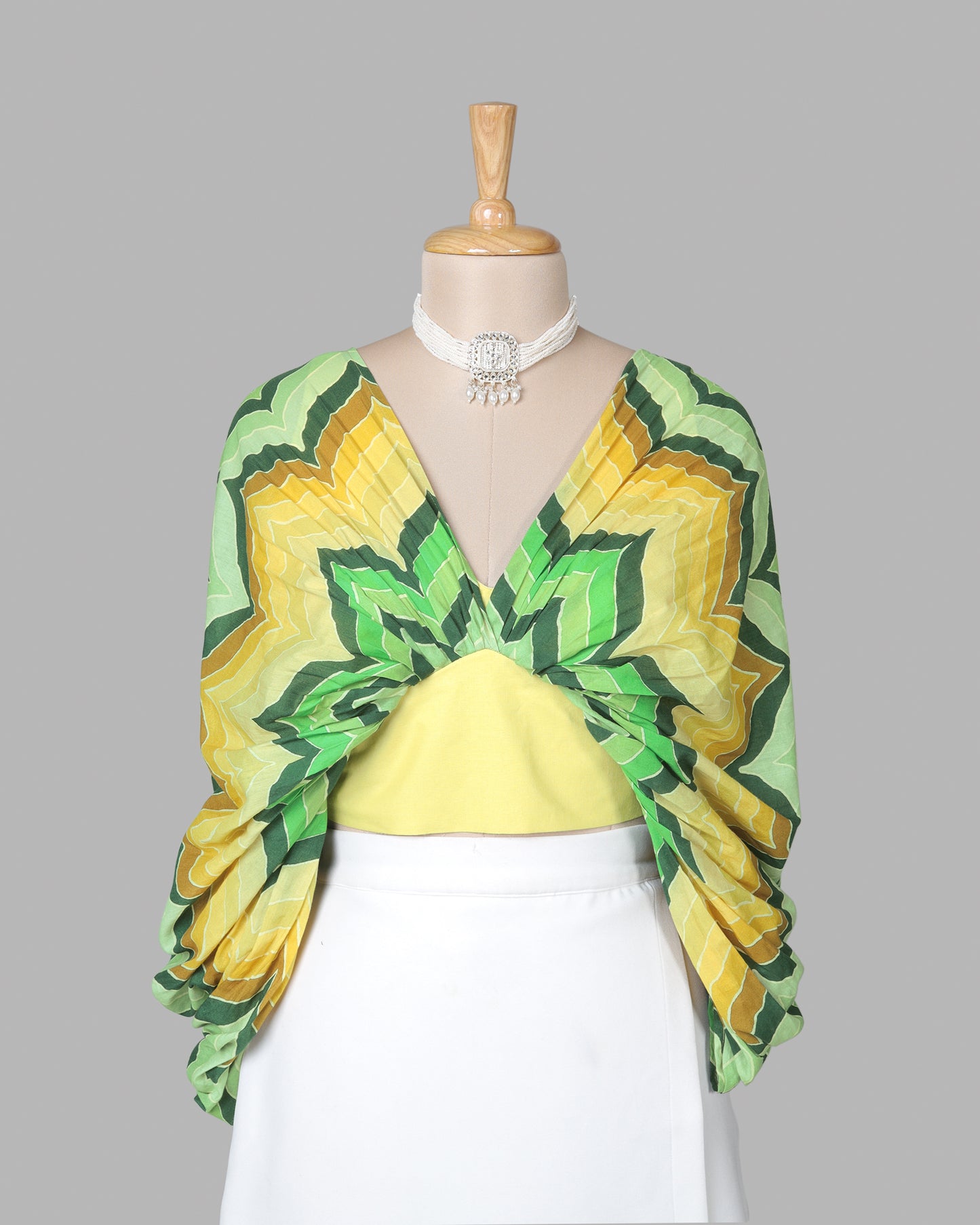 Green And Yellow Chevron Ruffle Sleeve Cotton Blouse
