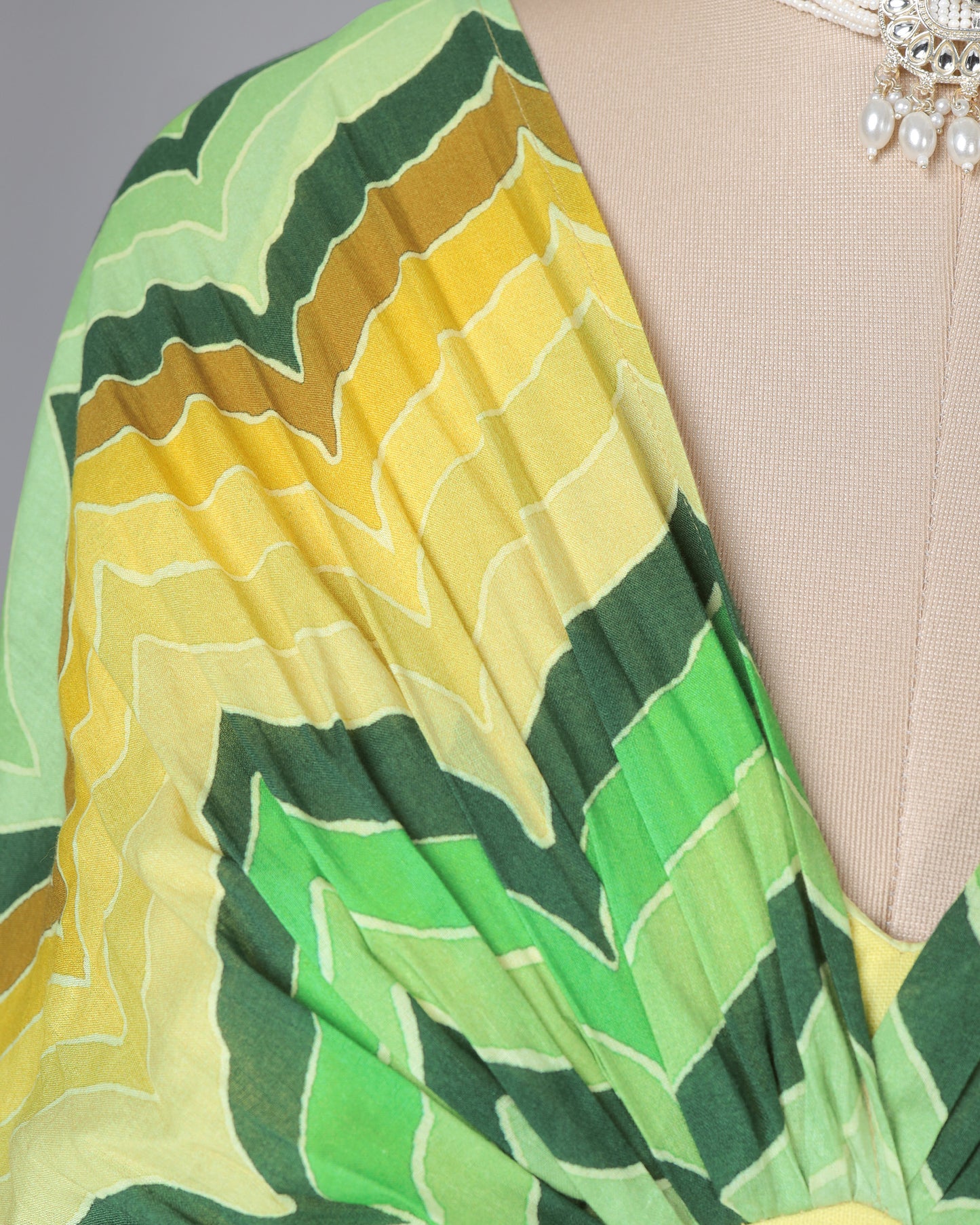 Green And Yellow Chevron Ruffle Sleeve Cotton Blouse