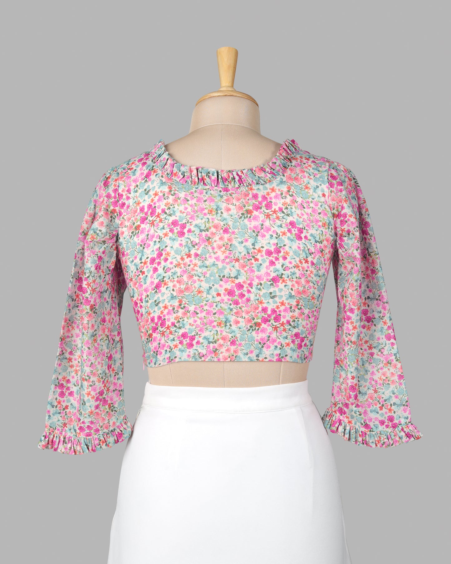 Pink Floral Ruffle Neck Cotton Blouse