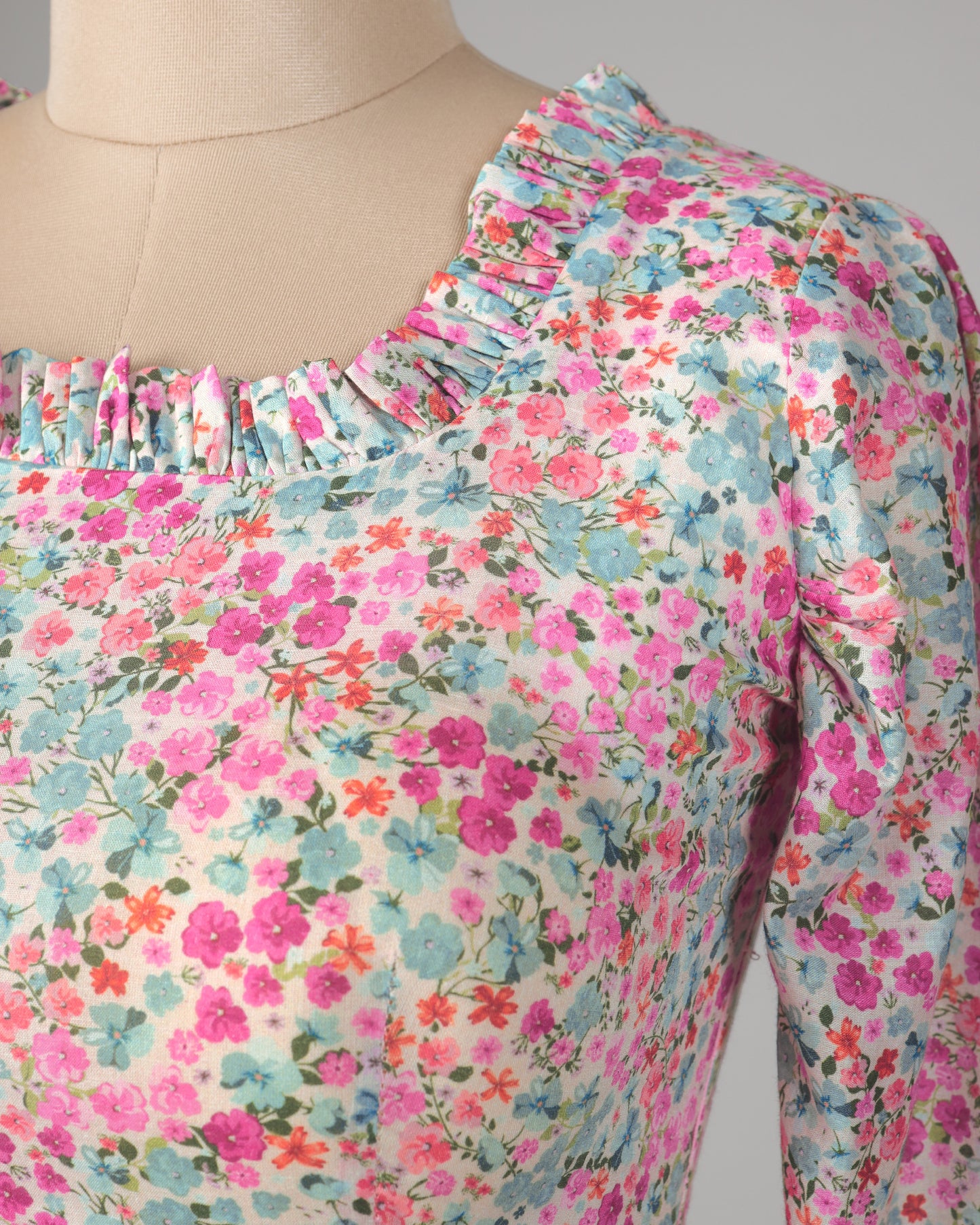 Pink Floral Ruffle Neck Cotton Blouse
