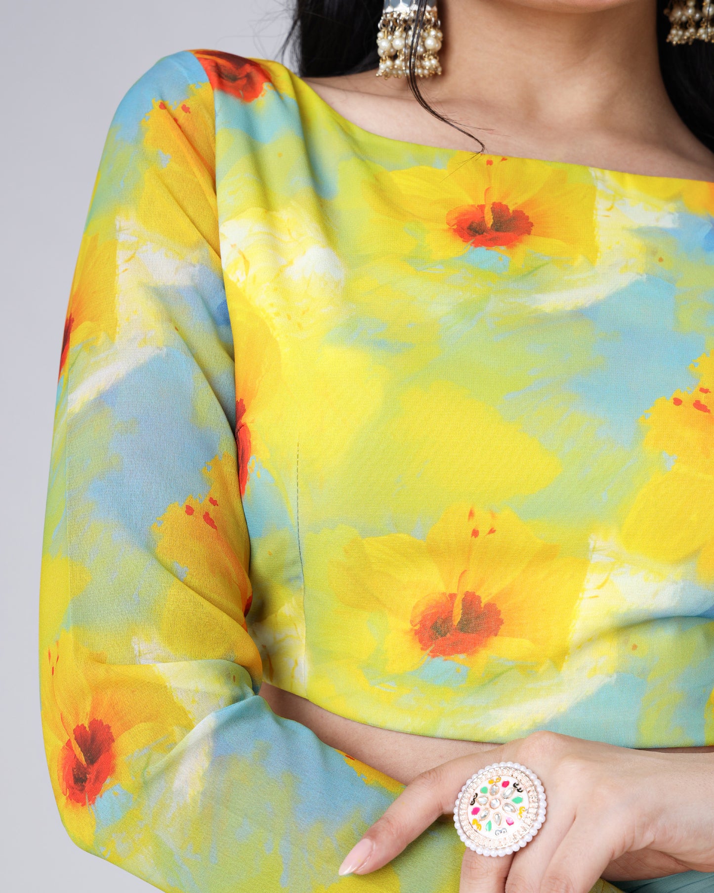Yellow Floral Boat Neck Full Sleeve Blouse