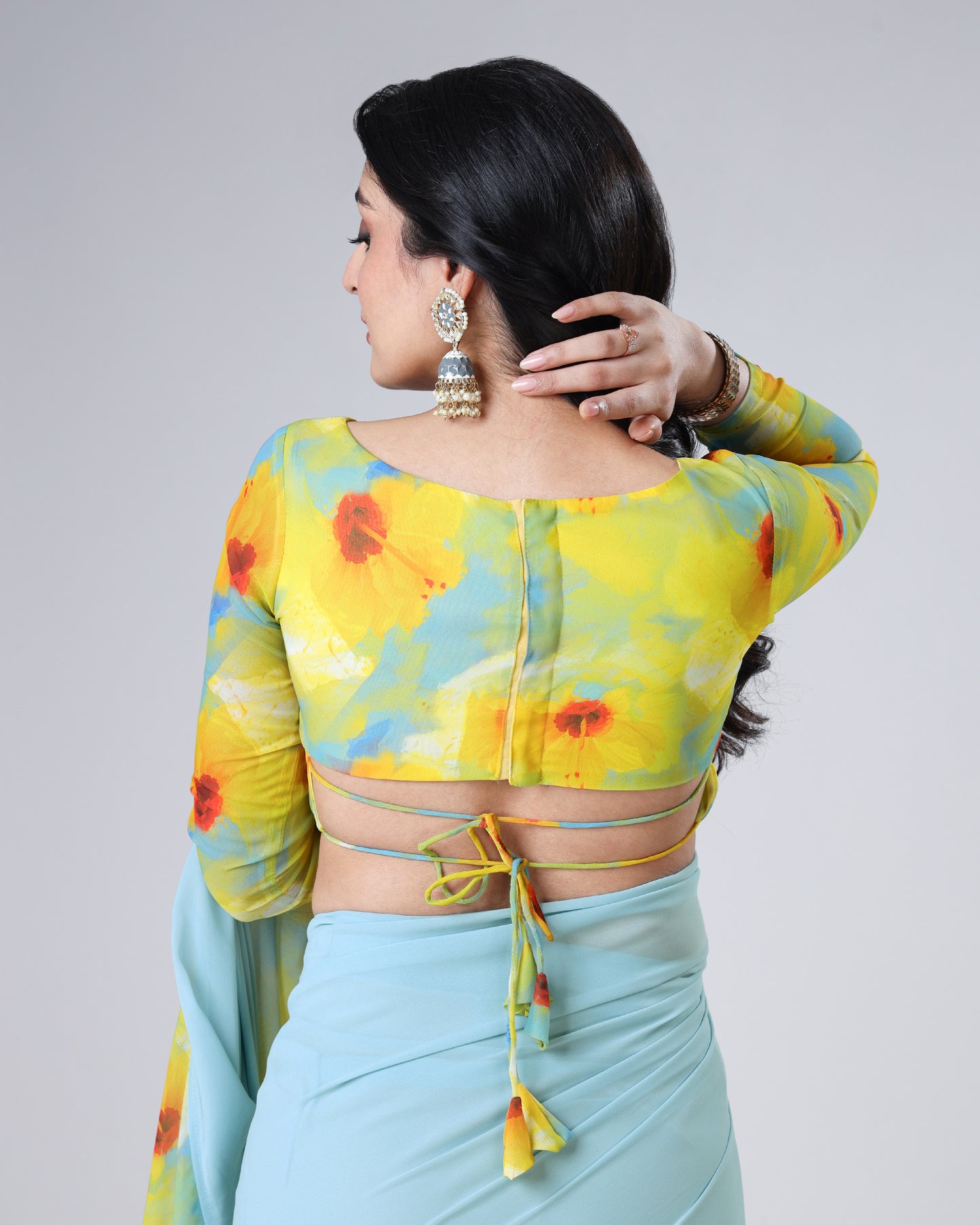 Yellow Floral Boat Neck Full Sleeve Blouse
