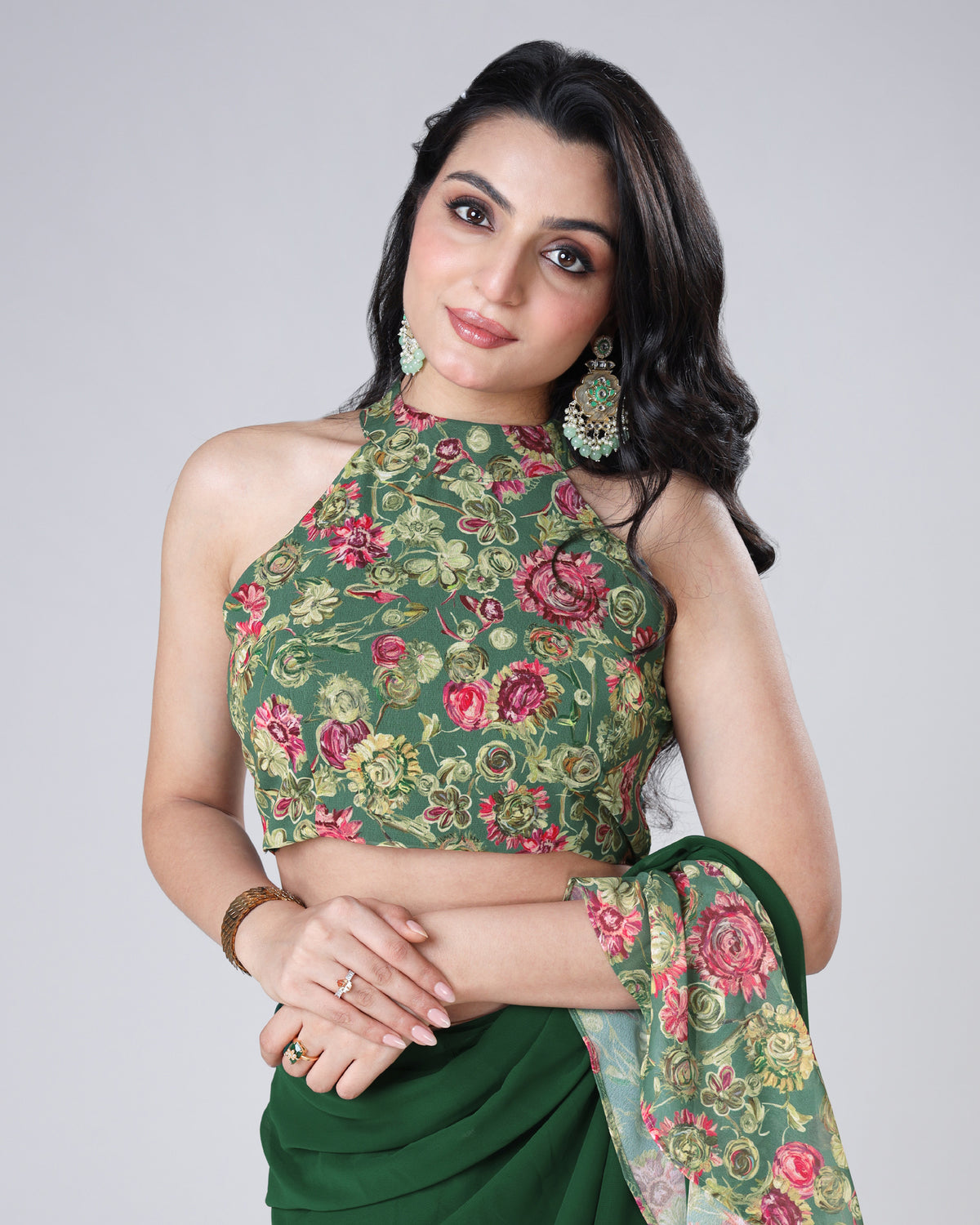 Dark Green Halter Neck Floral Sleeveless Blouse