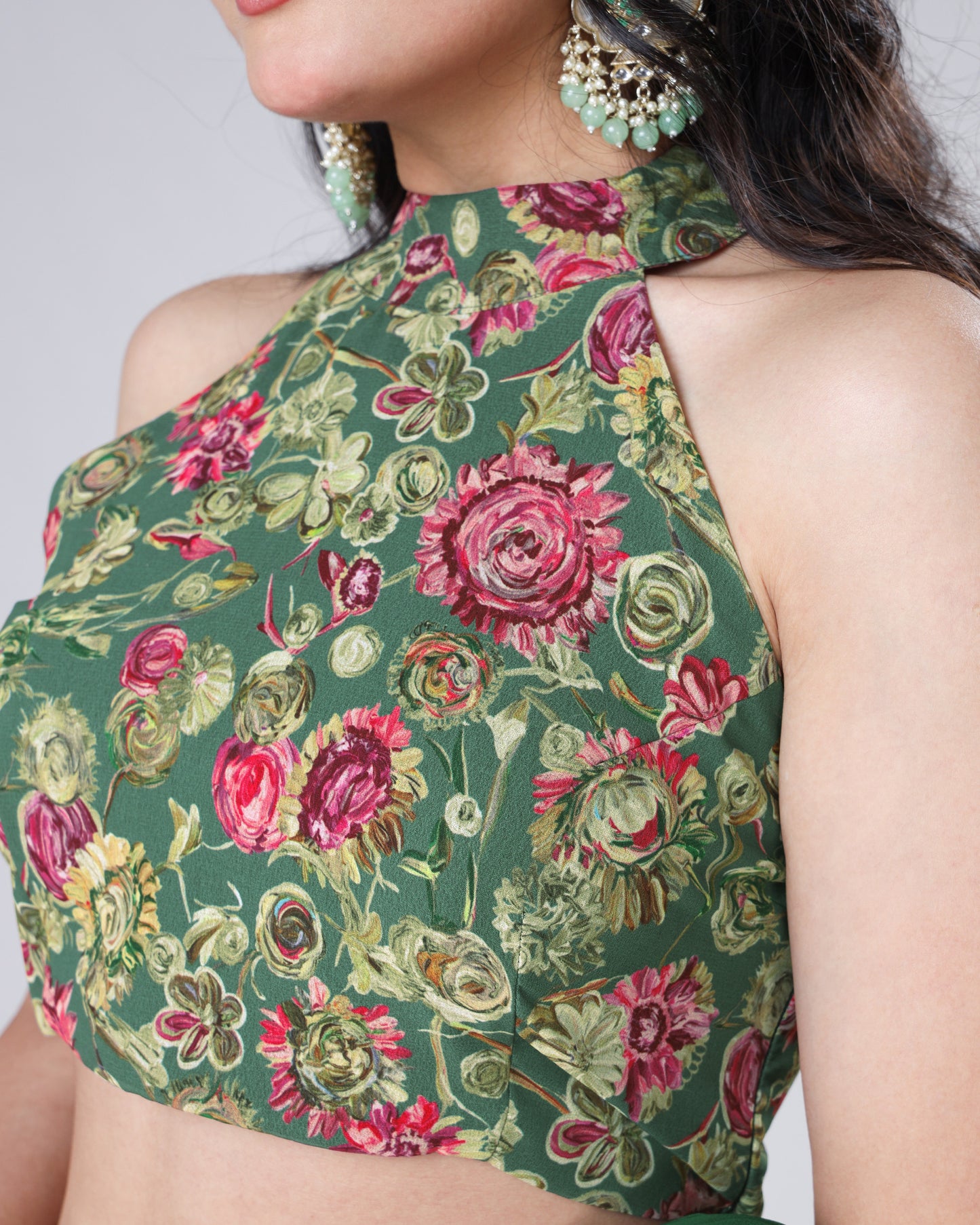 Dark Green Halter Neck Floral Sleeveless Blouse