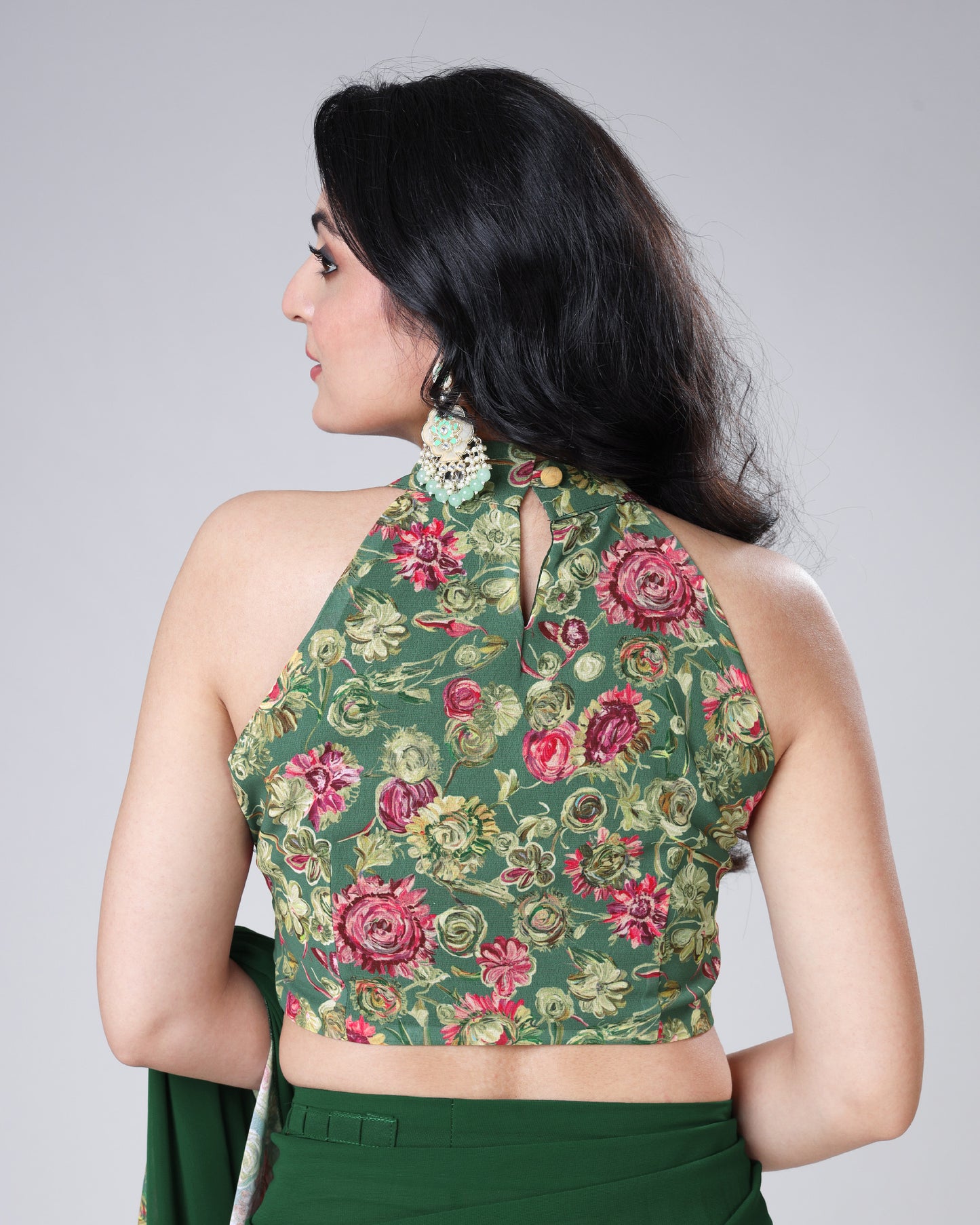 Dark Green Halter Neck Floral Sleeveless Blouse