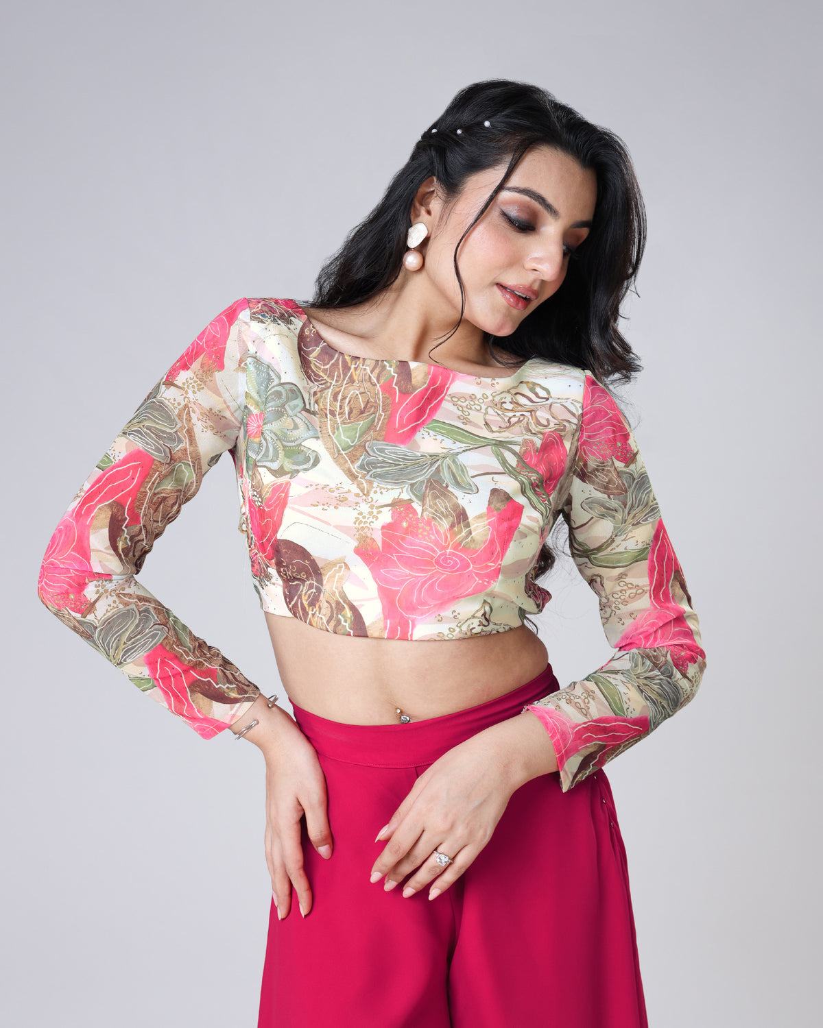 Pink Abstract Floral Boat Neck Full Sleeve Blouse