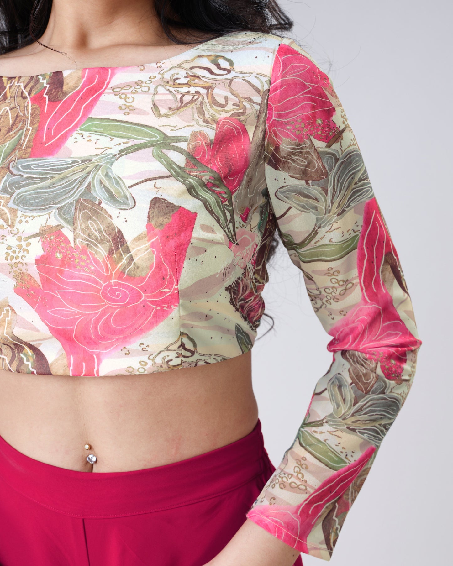 Pink Abstract Floral Boat Neck Full Sleeve Blouse