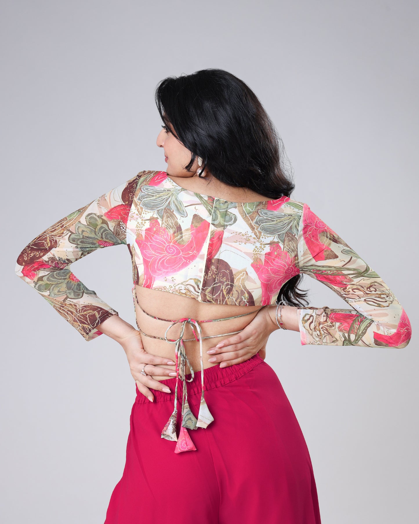 Pink Abstract Floral Boat Neck Full Sleeve Blouse