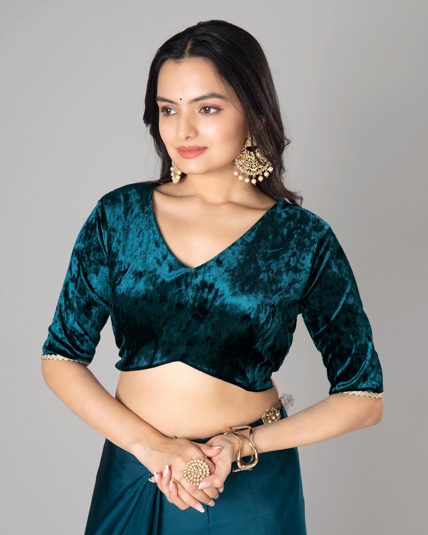 Peacock Blue Velvet Dream Embroidered Lace Blouse