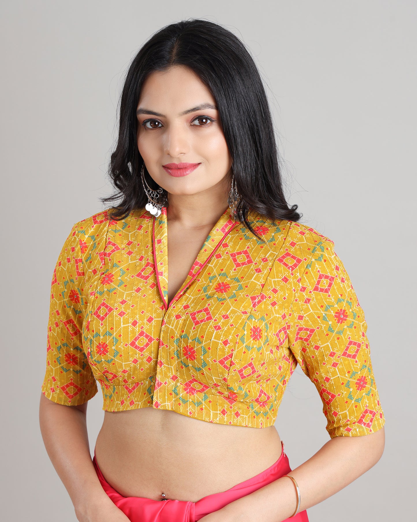 Worldly Wonder: Bandhani Blouse With Shawl Collar