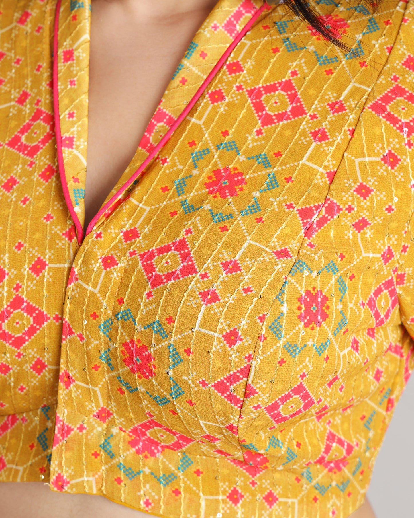 Worldly Wonder: Bandhani Blouse With Shawl Collar