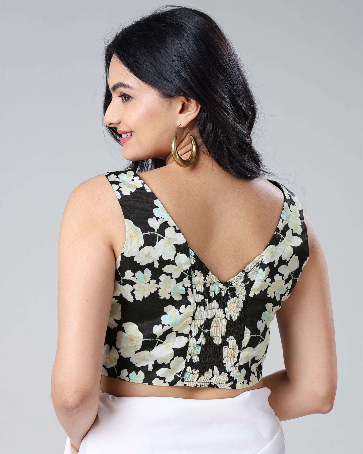 Elastic Ease Blouse: Black Floral Silk Blouse