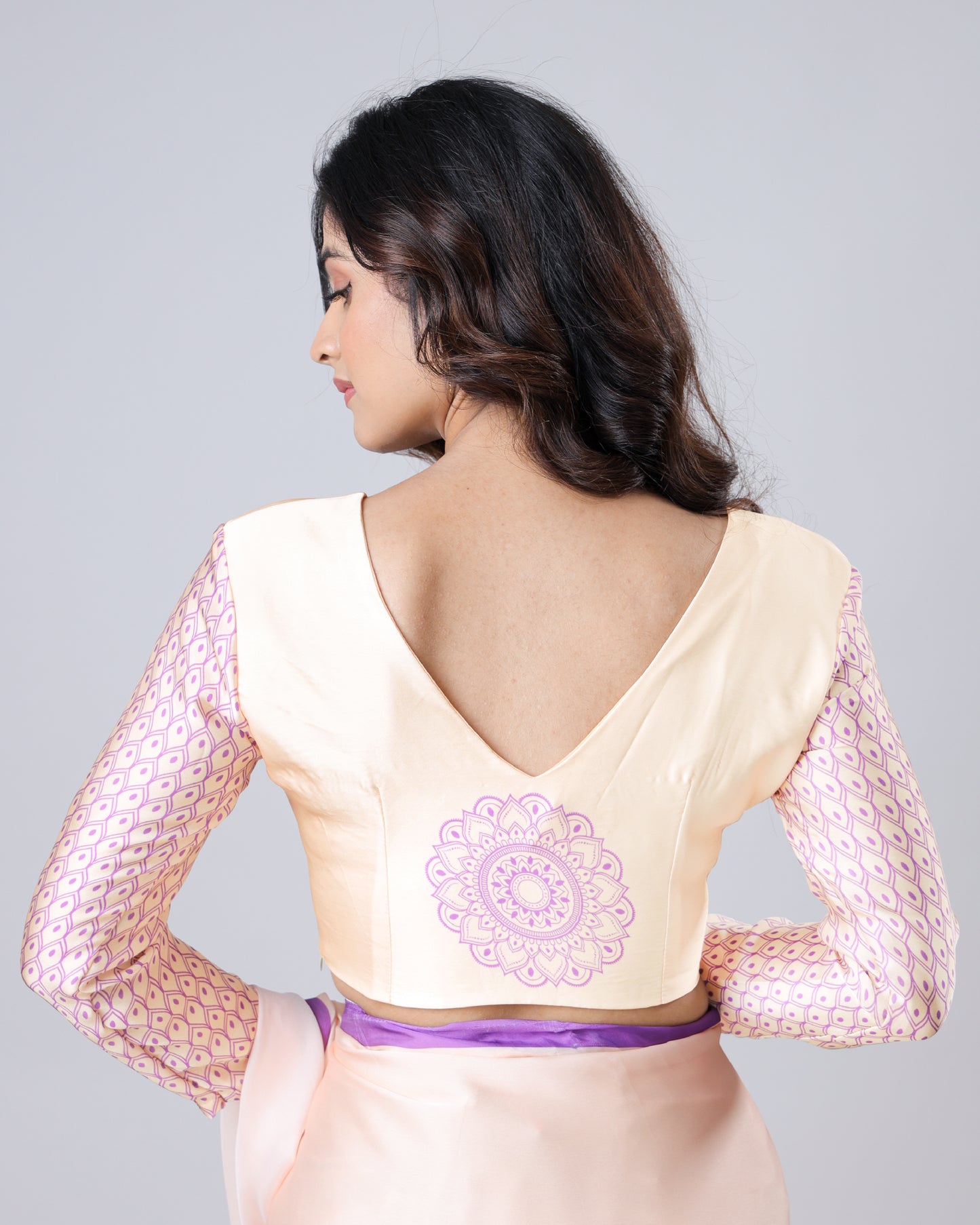 Peach Mandalaa Print Color Block Full Sleeve Satin Blouse