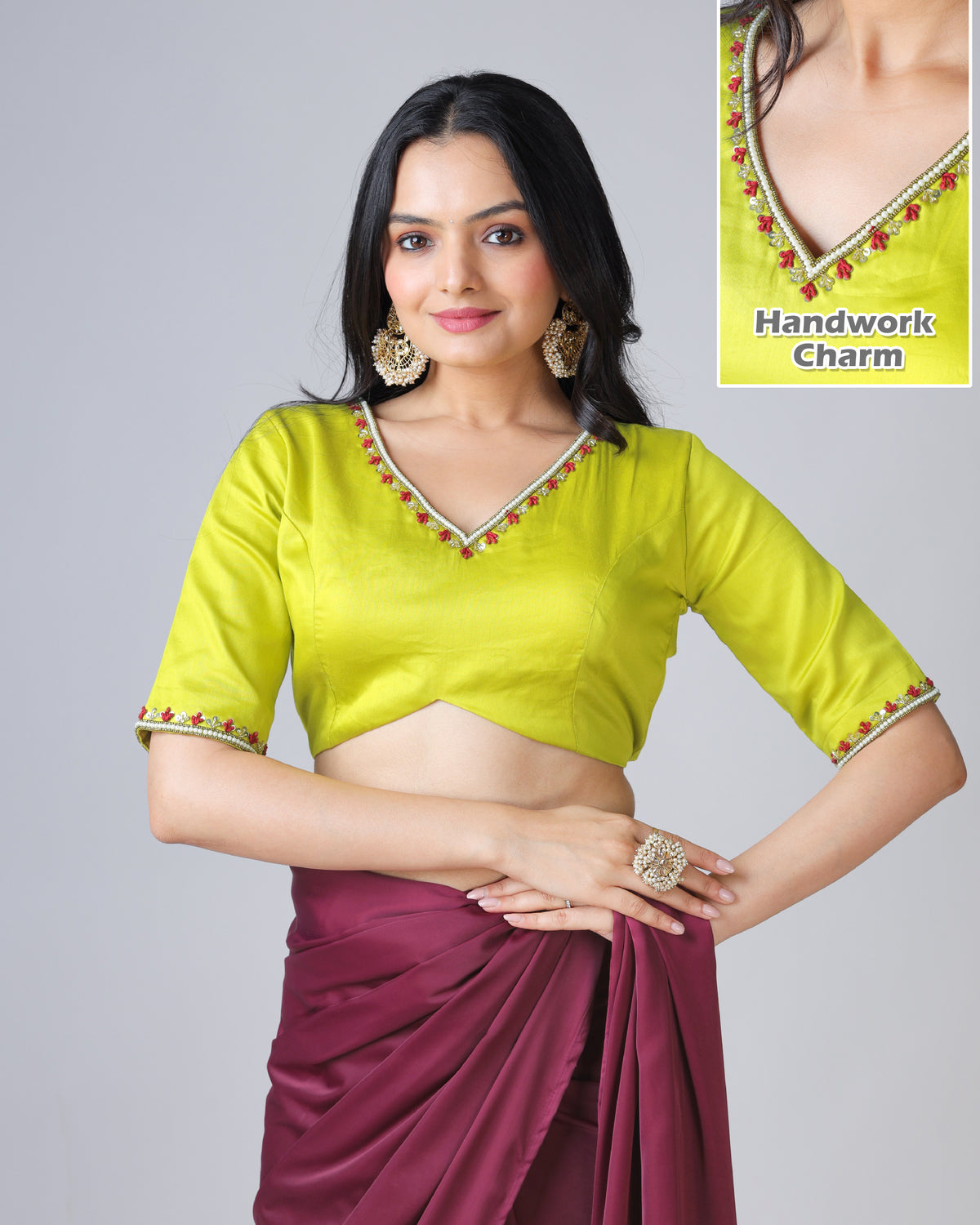 Yellow Plain Skilled Hand Work V Neck Cotton Blouse