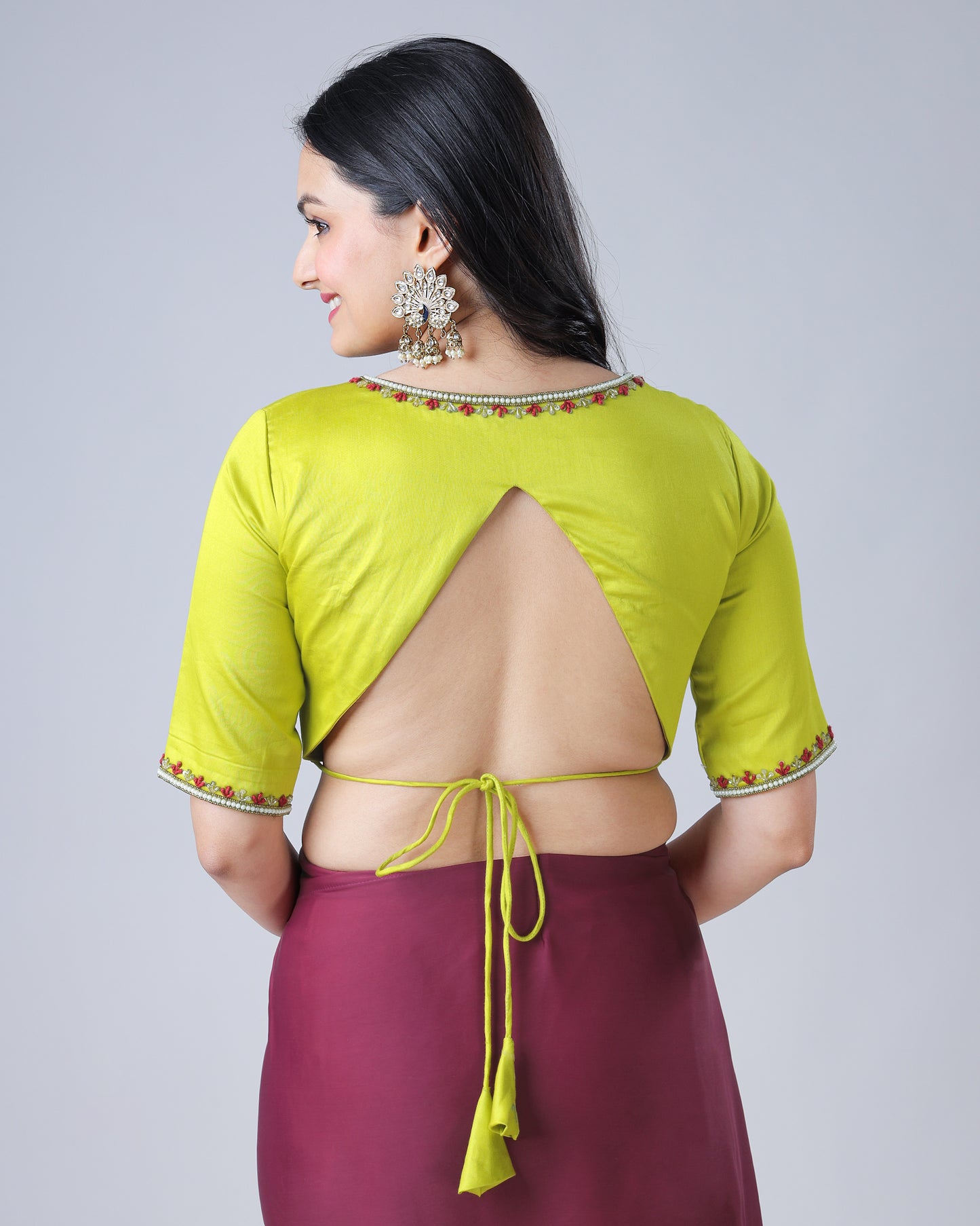 Yellow Plain Skilled Hand Work V Neck Cotton Blouse