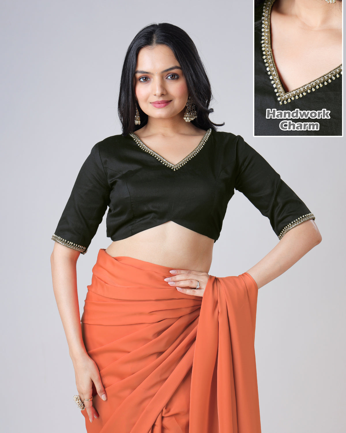 Black Plain Skilled Jardoshi Hand Work V Neck Cotton Blouse