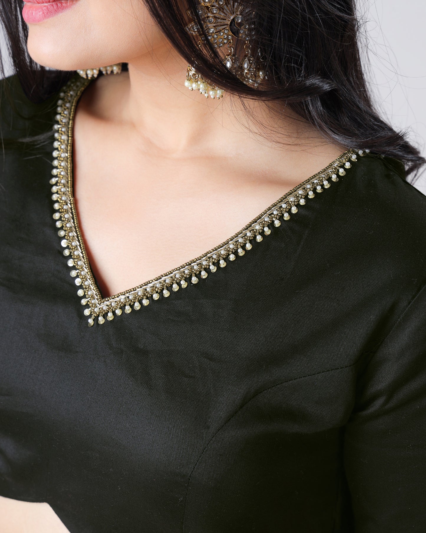 Black Plain Skilled Jardoshi Hand Work V Neck Cotton Blouse