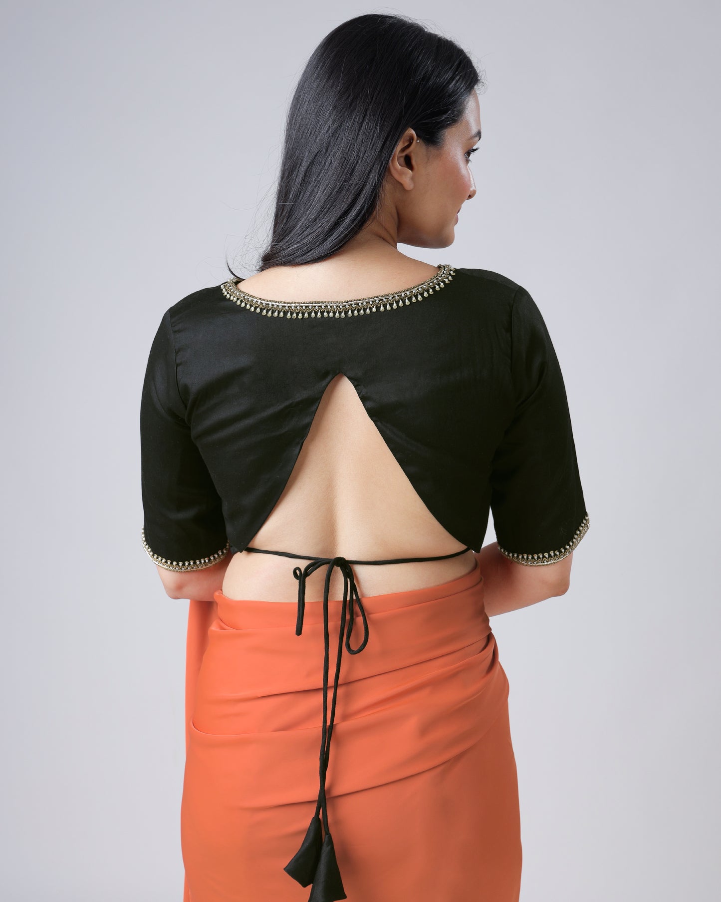 Black Plain Skilled Jardoshi Hand Work V Neck Cotton Blouse