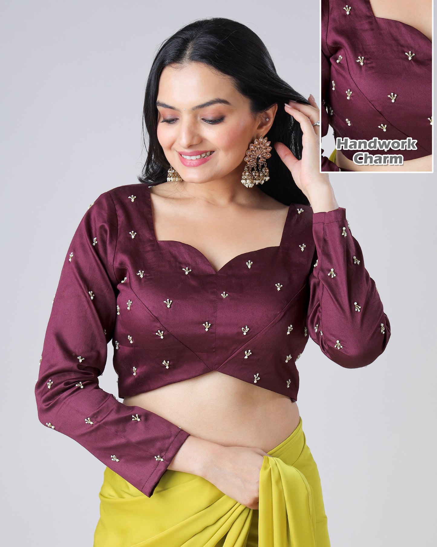 Wine Purple Plain Skilled Motif Hand Work Cotton Blouse