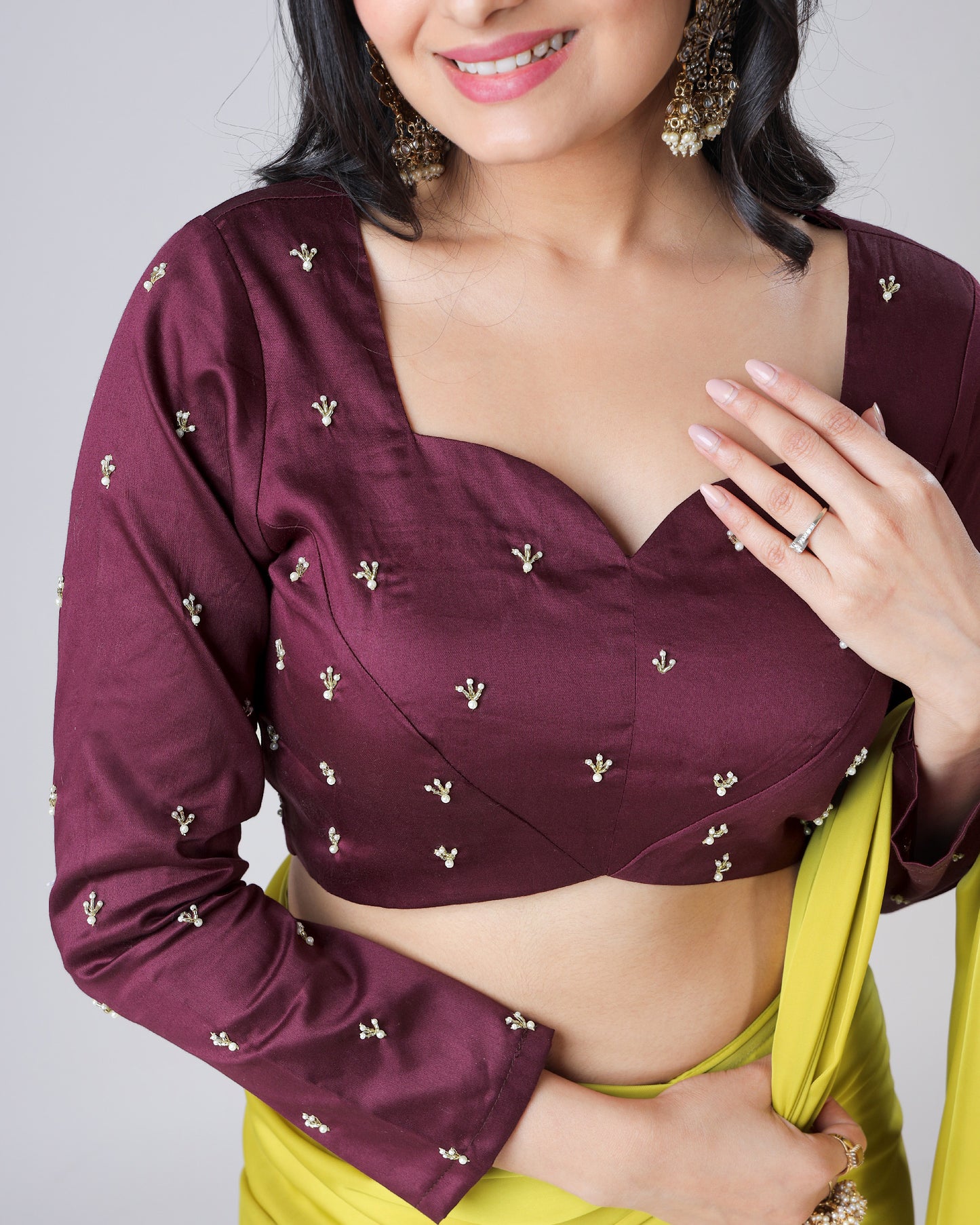 Wine Purple Plain Skilled Motif Hand Work Cotton Blouse