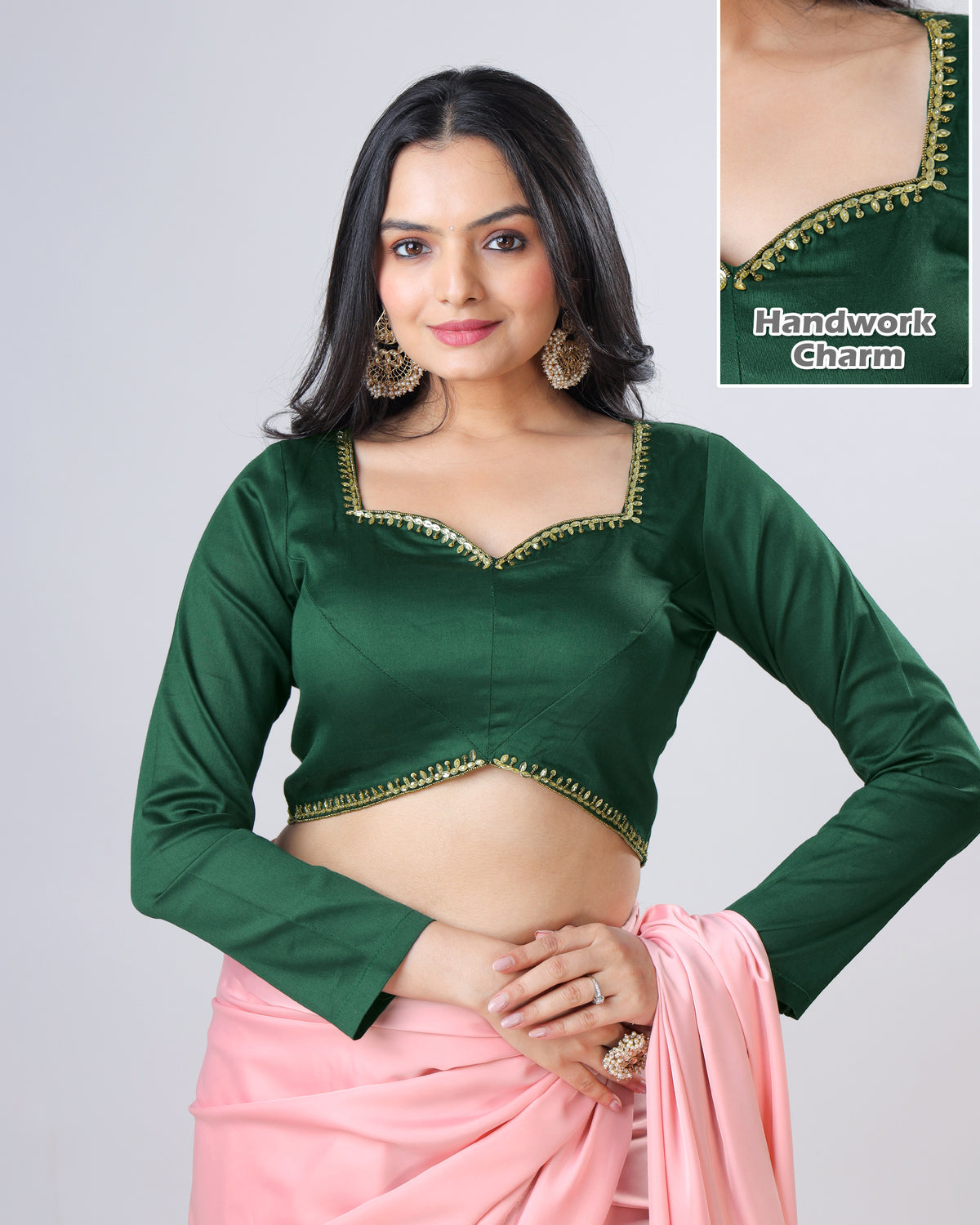 Emerald Green Plain Skilled Leaf Hand Work Cotton Blouse
