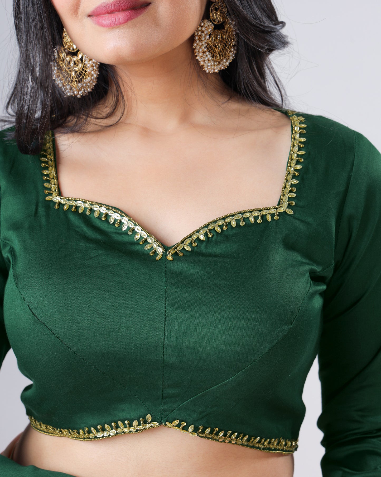 Emerald Green Plain Skilled Leaf Hand Work Cotton Blouse
