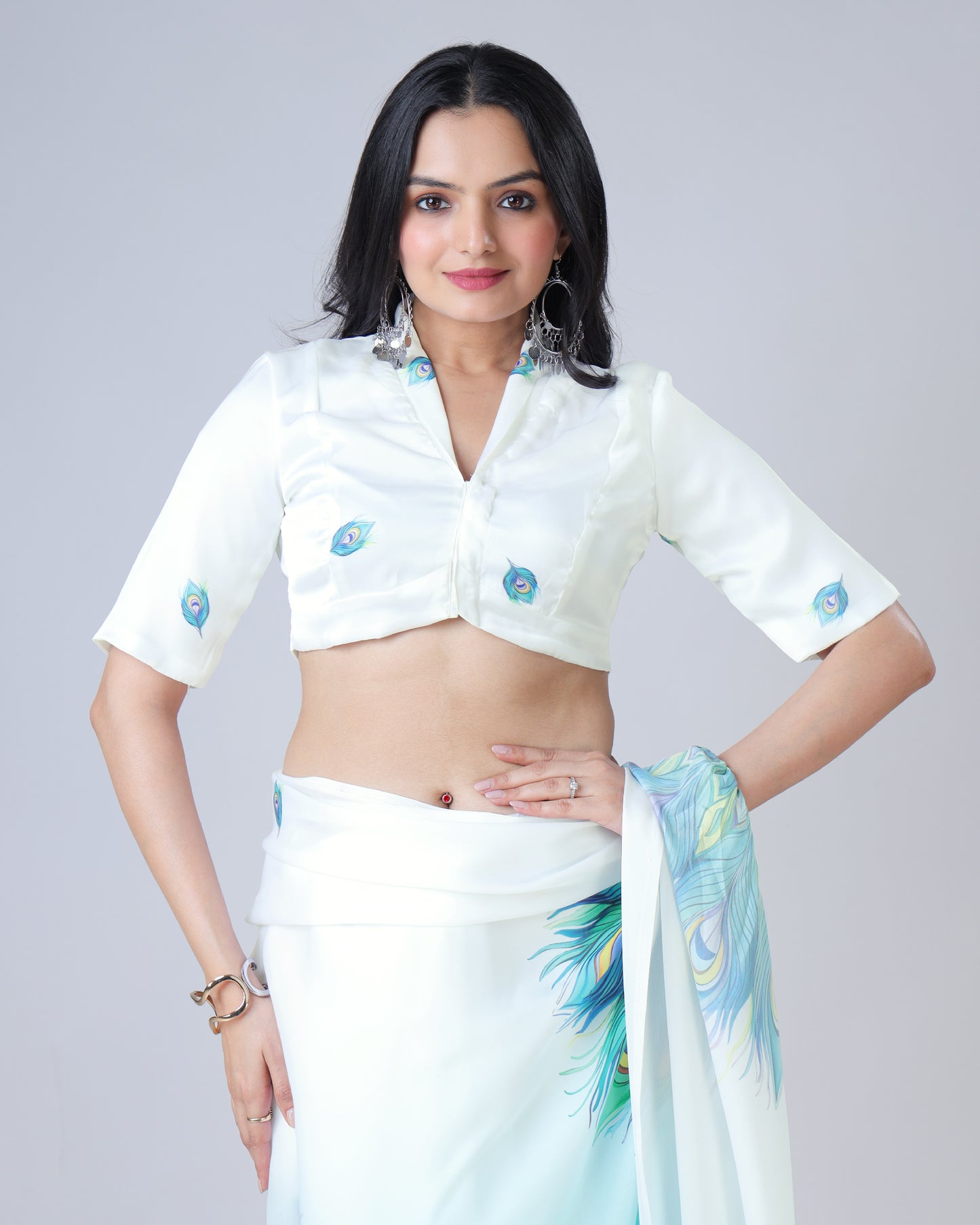White Traditional Feather Collar Neck Blouse