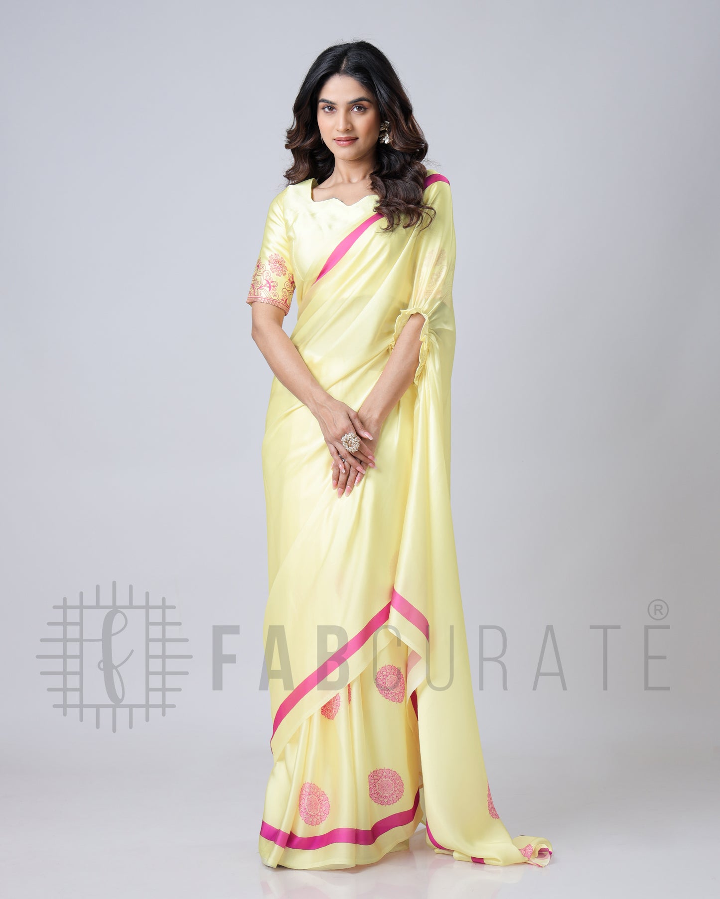 Crayola Yellow Mandalaa Print Contrast Border Freehand Saree