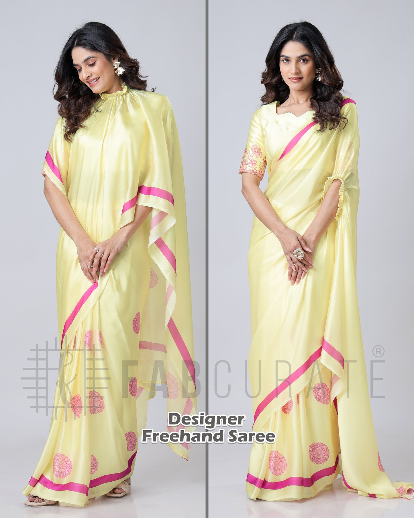 Crayola Yellow Mandalaa Print Contrast Border Freehand Saree