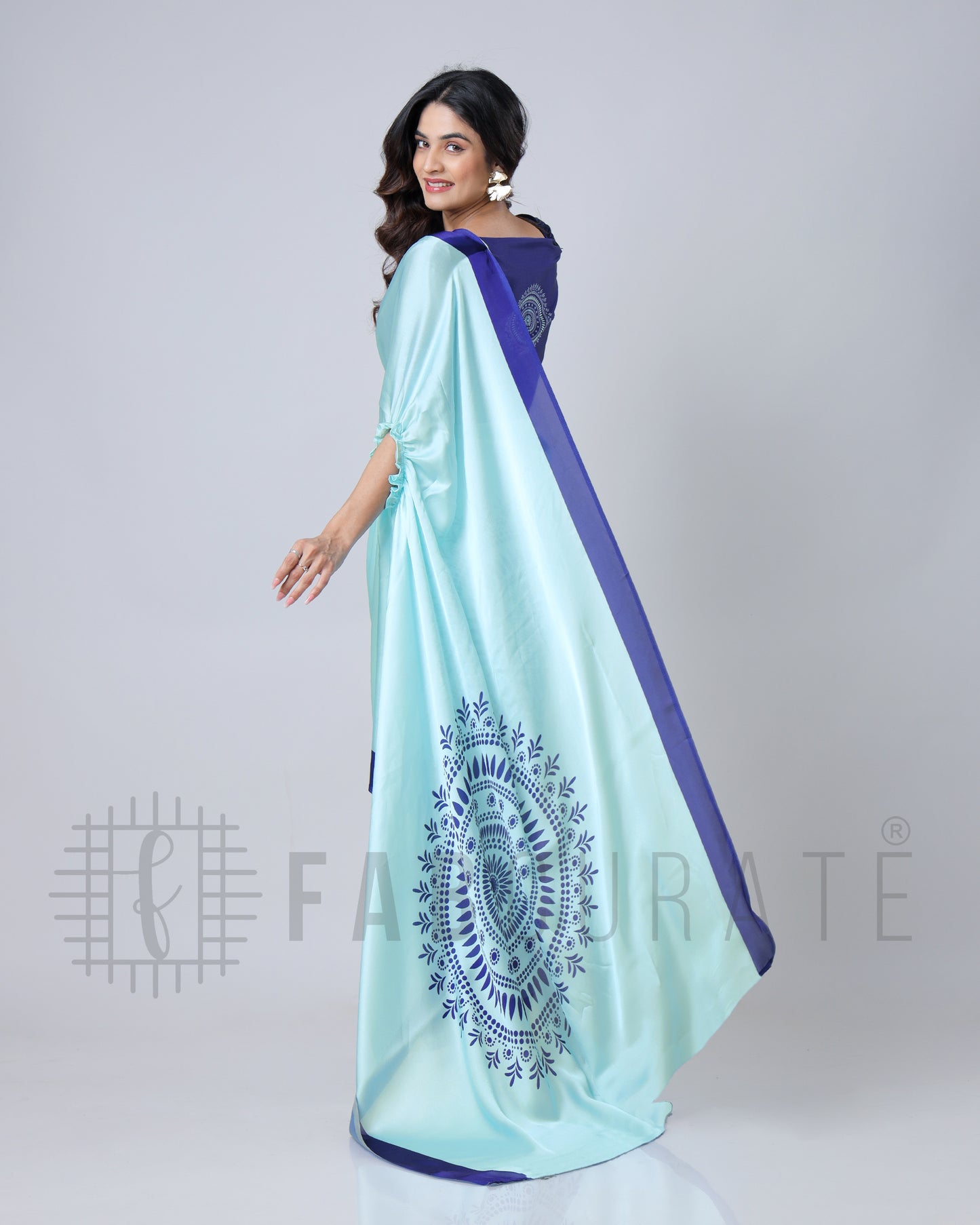 Light Blue Mandalaa Print Contrast Border Freehand Saree