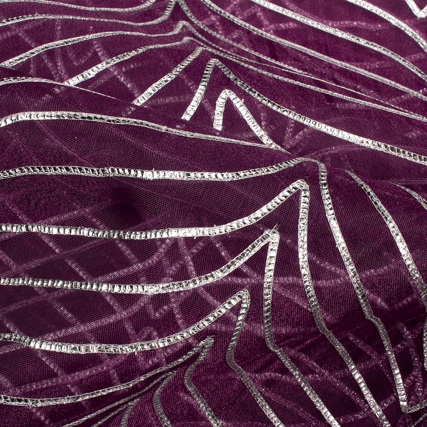 Wine Silver Zari Chevron Embroidery On Organza Fabric