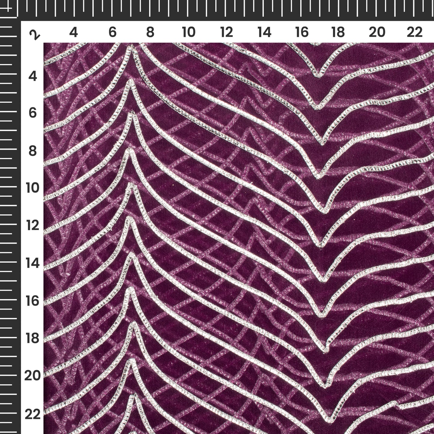 Wine Silver Zari Chevron Embroidery On Organza Fabric