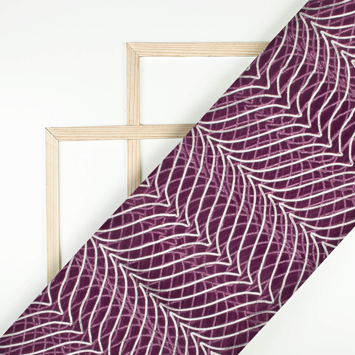 Wine Silver Zari Chevron Embroidery On Organza Fabric