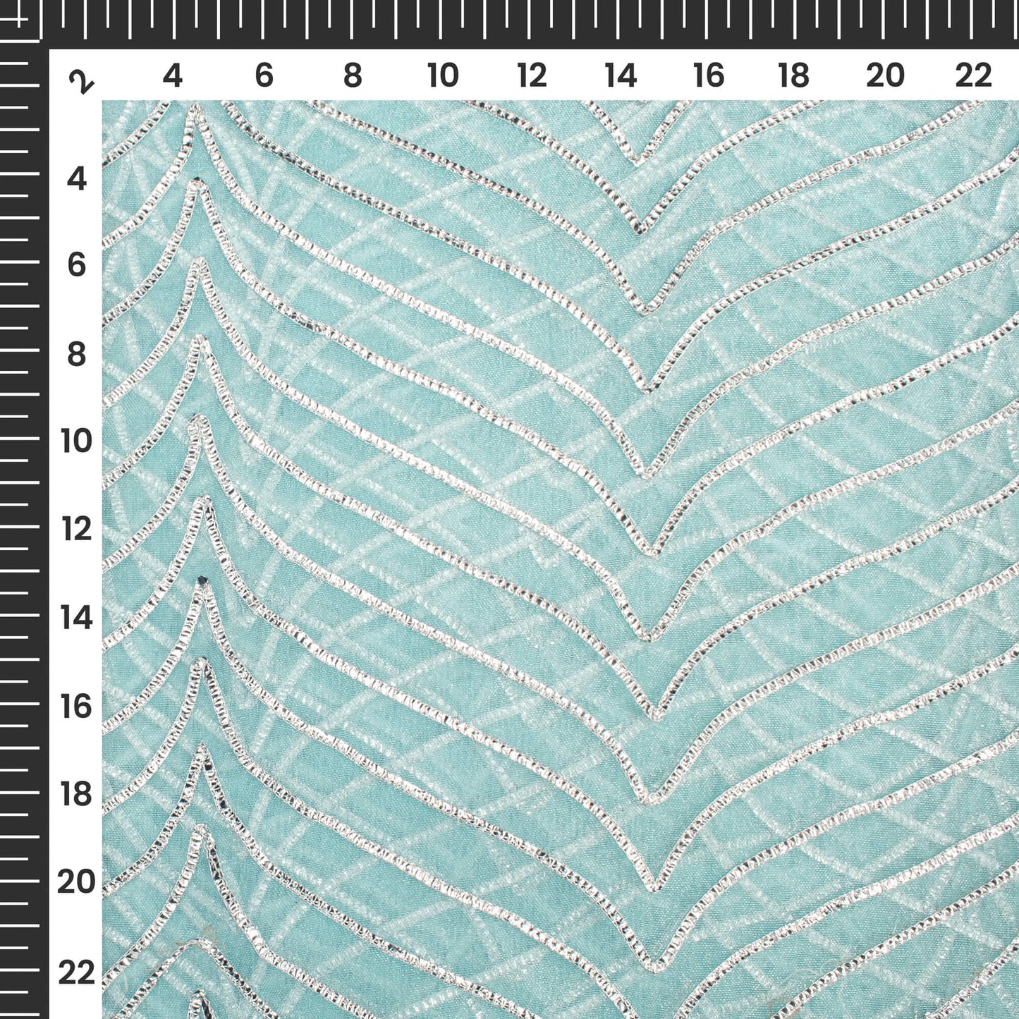 Sky Blue Silver Zari Chevron Embroidery On Organza Fabric