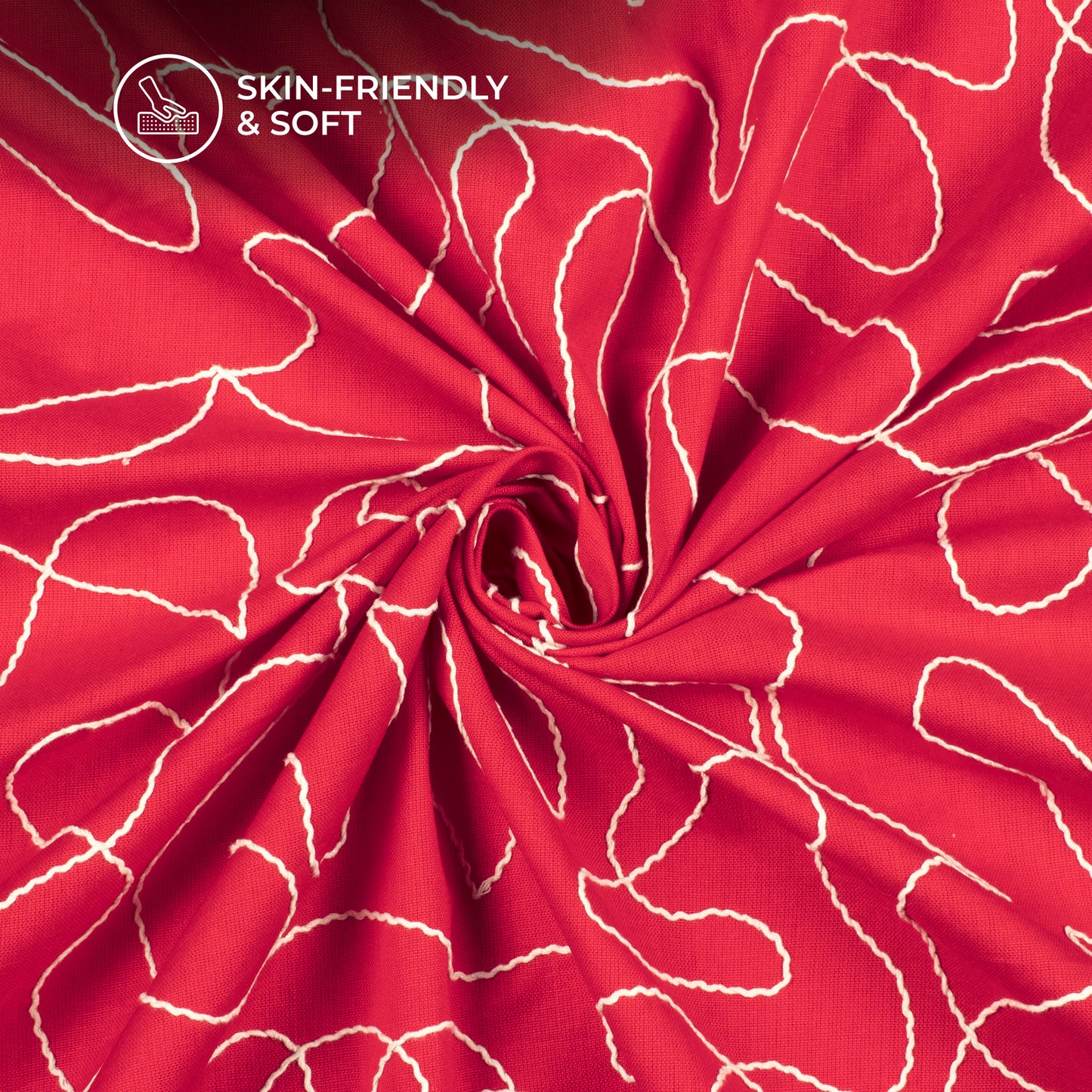 Cherry Red Embroidery Threadwork Plain Pure Cotton Fabric