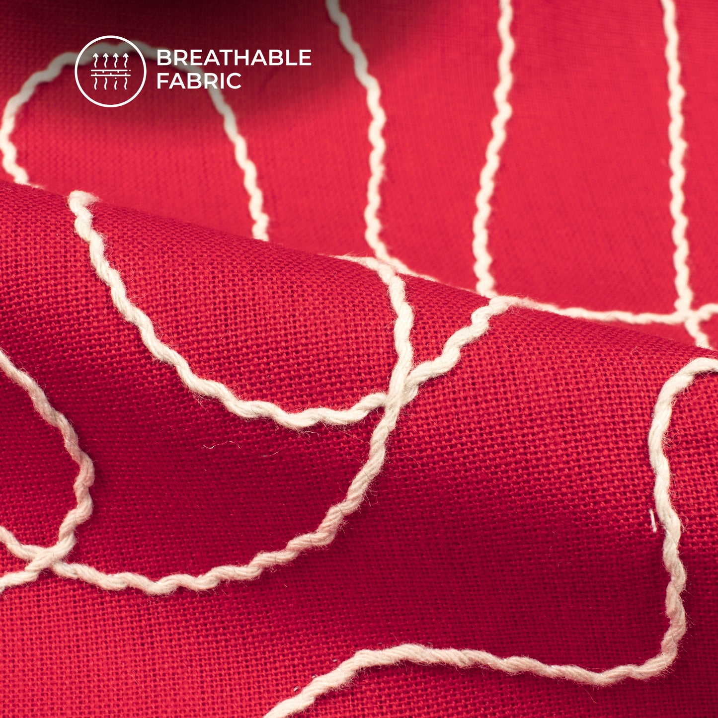 Cherry Red Embroidery Threadwork Plain Pure Cotton Fabric