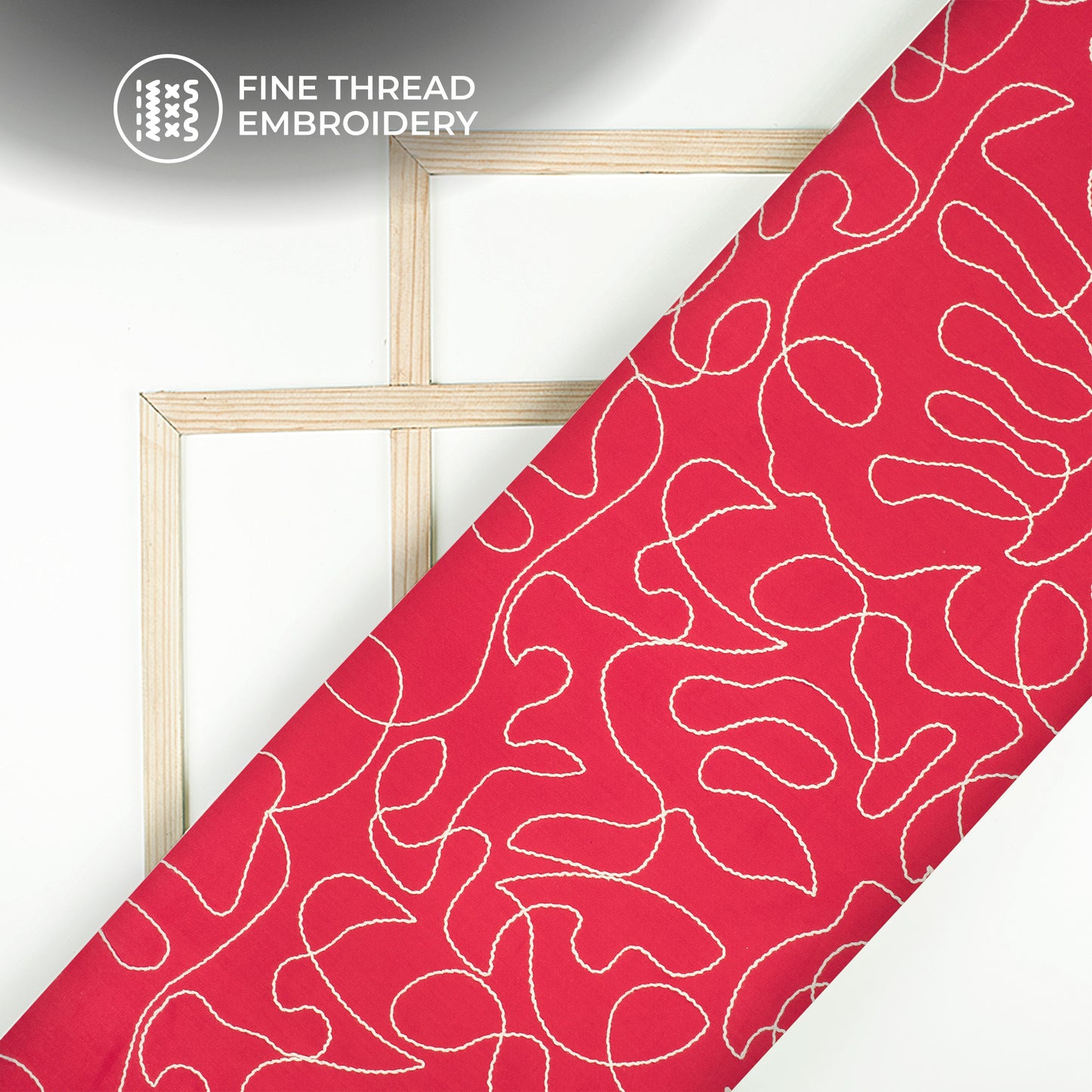 Cherry Red Embroidery Threadwork Plain Pure Cotton Fabric