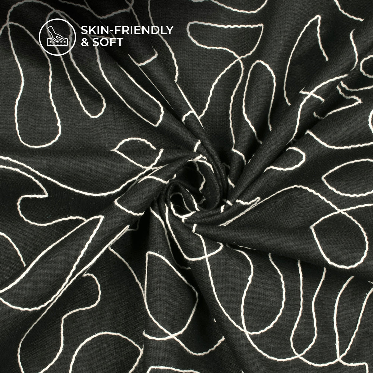 Black Embroidery Threadwork Plain Pure Cotton Fabric